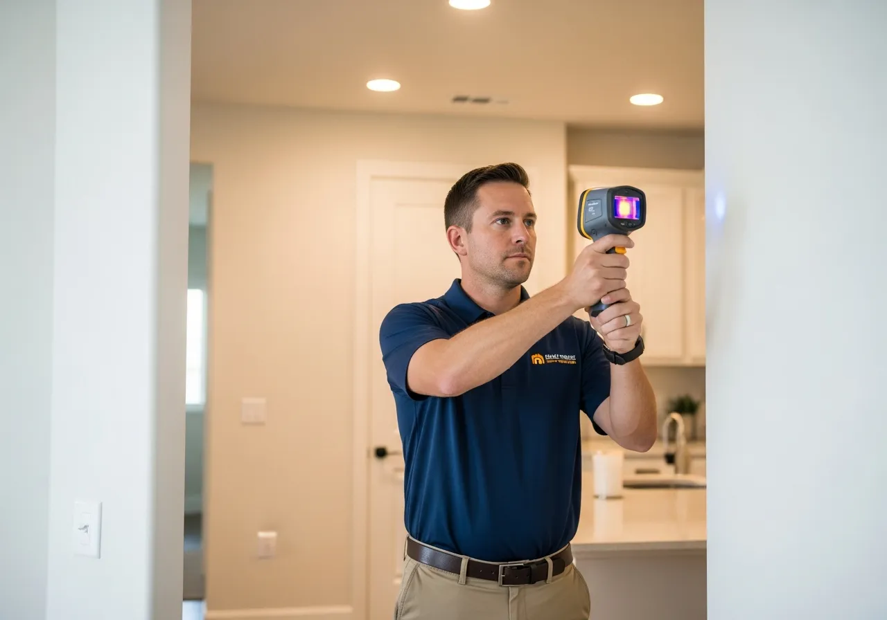 Thermal imaging and moisture meter inspection of residential wall