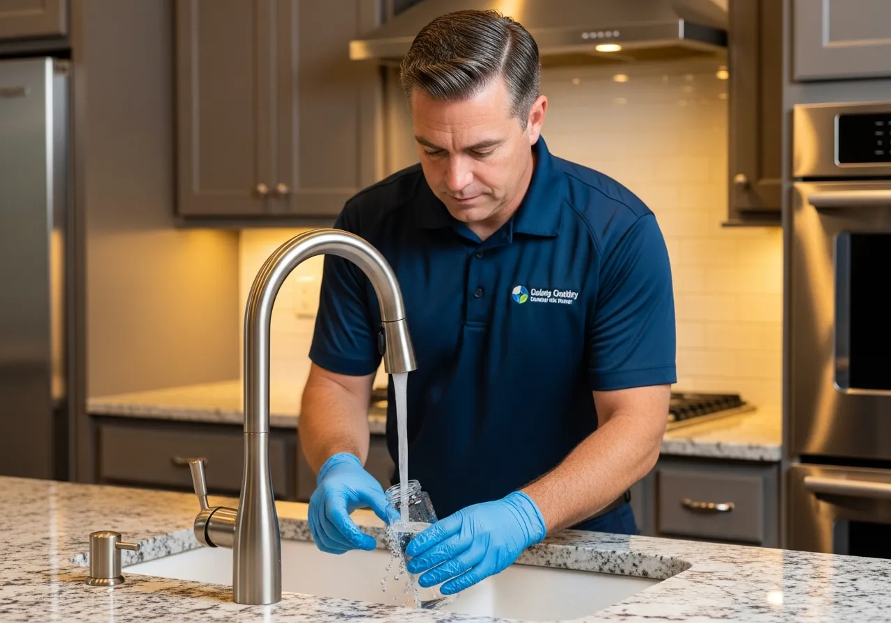 Professional water quality testing and sample collection at a residential kitchen faucet